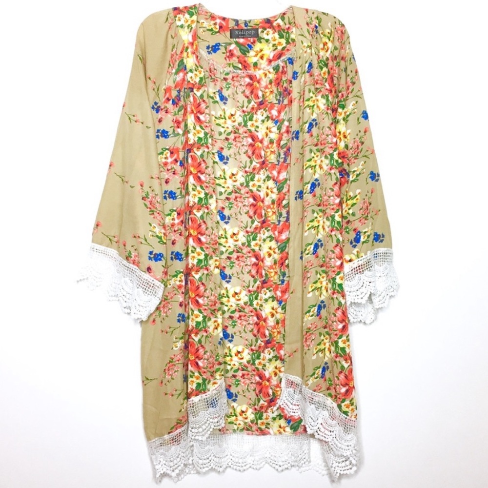 Relipop Floral Crochet Hem Boho Kimono Tan 2X
